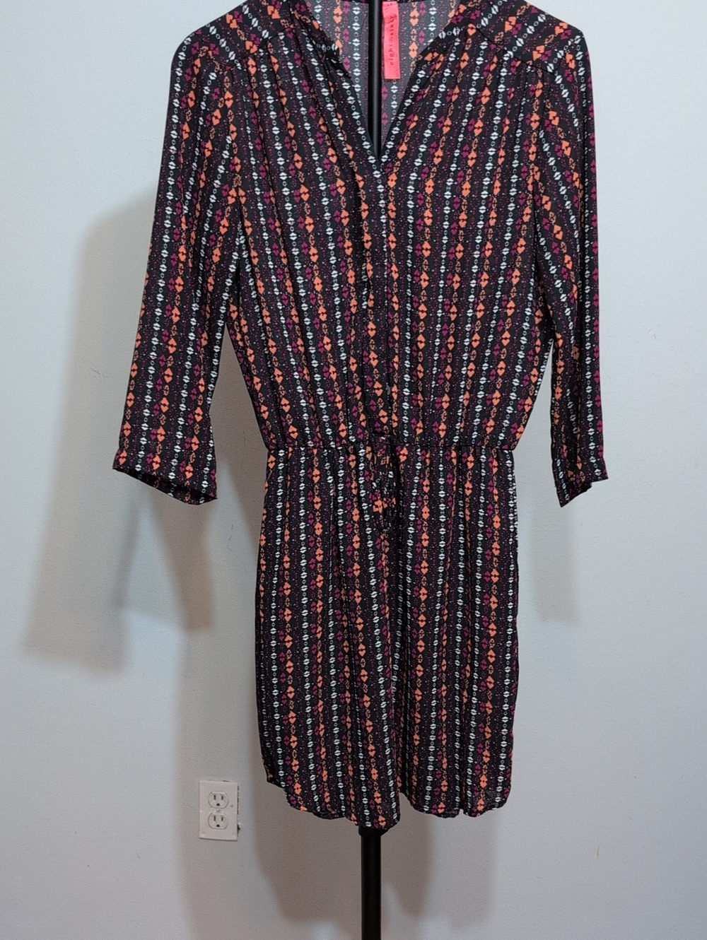 Eight Sixty Black Mini Dress with Coral and White Stripe Print